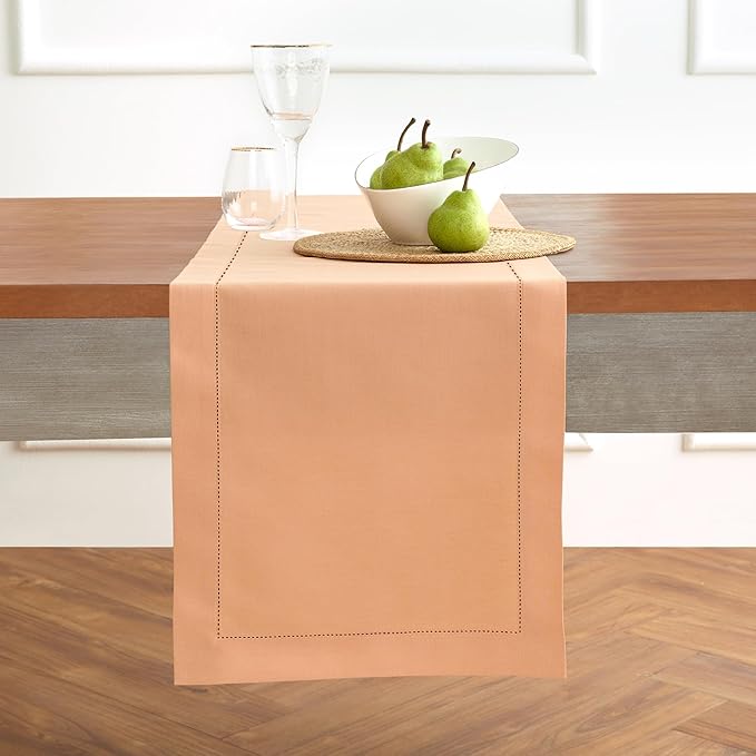 Solino Home Cotton Linen Table Runner 36 Inches - Peach Bloom Hemstitch Table Runner 14 x 36 Inch Ideal for Dresser and Coffee Tables