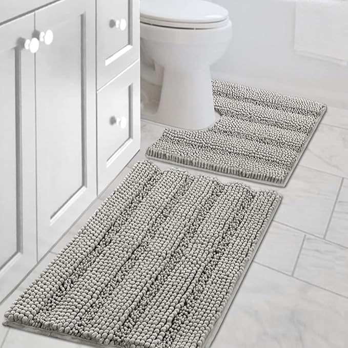 H.VERSAILTEX Bathroom Rugs Bath Rug Set 2 Piece Bathroom Contour Rug Toilet Mat Sets Non Slip Contour Bath Rug Ultra Thick Water Absorbent Striped Bath Mats Washable(20" x 32" Plus 20" x 20" U, Dove)