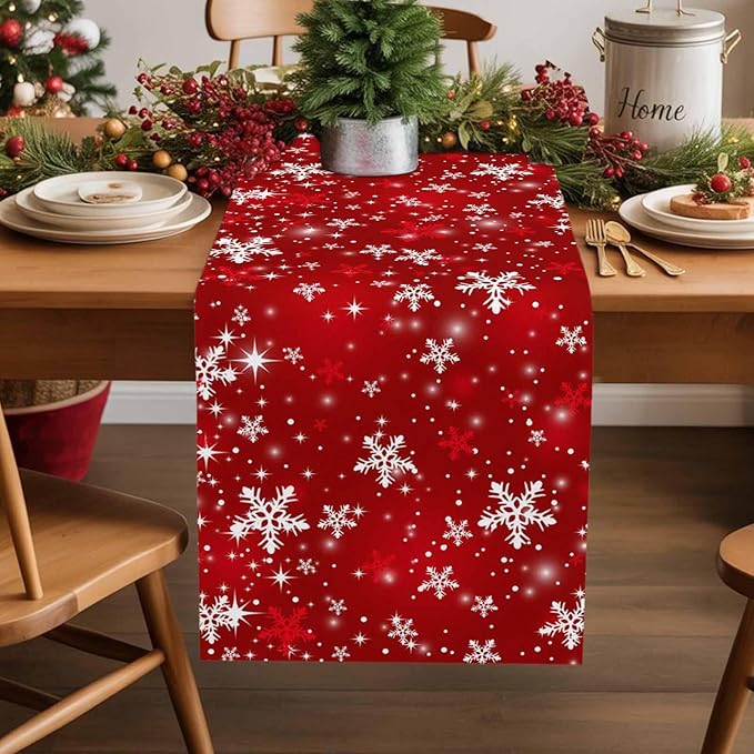 Christmas Snowflakes Cotton Linen Table Runner for Dining Kitchen, Red Xmas Winter Snow Wedding Outdoor Party Tablerunners Decoration, New Year Dresser Scarf Coffee Tablecloth Runners 13x108 Inches