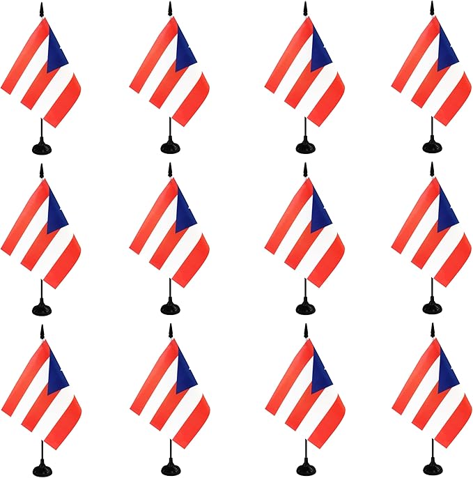 Puerto Rico Desk Flag, 12 Pack Puerto Rican Table Office Flag with Black Solid Pole and Stand Base, International Country Flag, Festival Celebration, Classroom Meeting Desktop Decor (Puerto Rico)