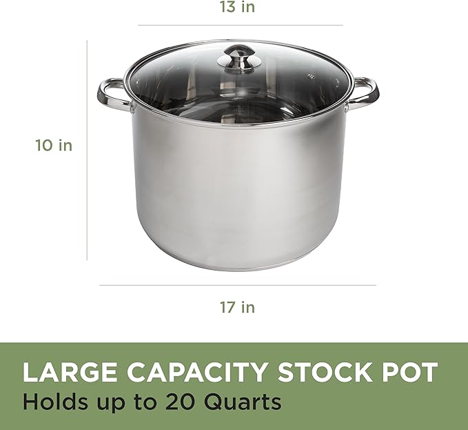Ecolution Stainless Steel Stock Pot, Encapsulated Induction Ready Cooking Pot with Glass Lid, Oven Safe, Dishwasher Safe Soup Pot, 20-Quart