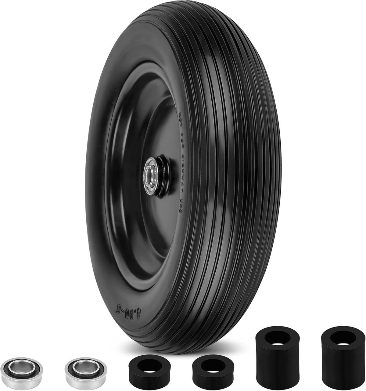 4.00-6 Flat Free Wheelbarrow Tires and Wheels, 13 Inch Wheelbarrow Tires with 5/8" or 3/4" Bearings, 1.75'' Centered Hub Hand Truck Solid Wheels Replacement for Hand Trucks, Dolly Trolleies