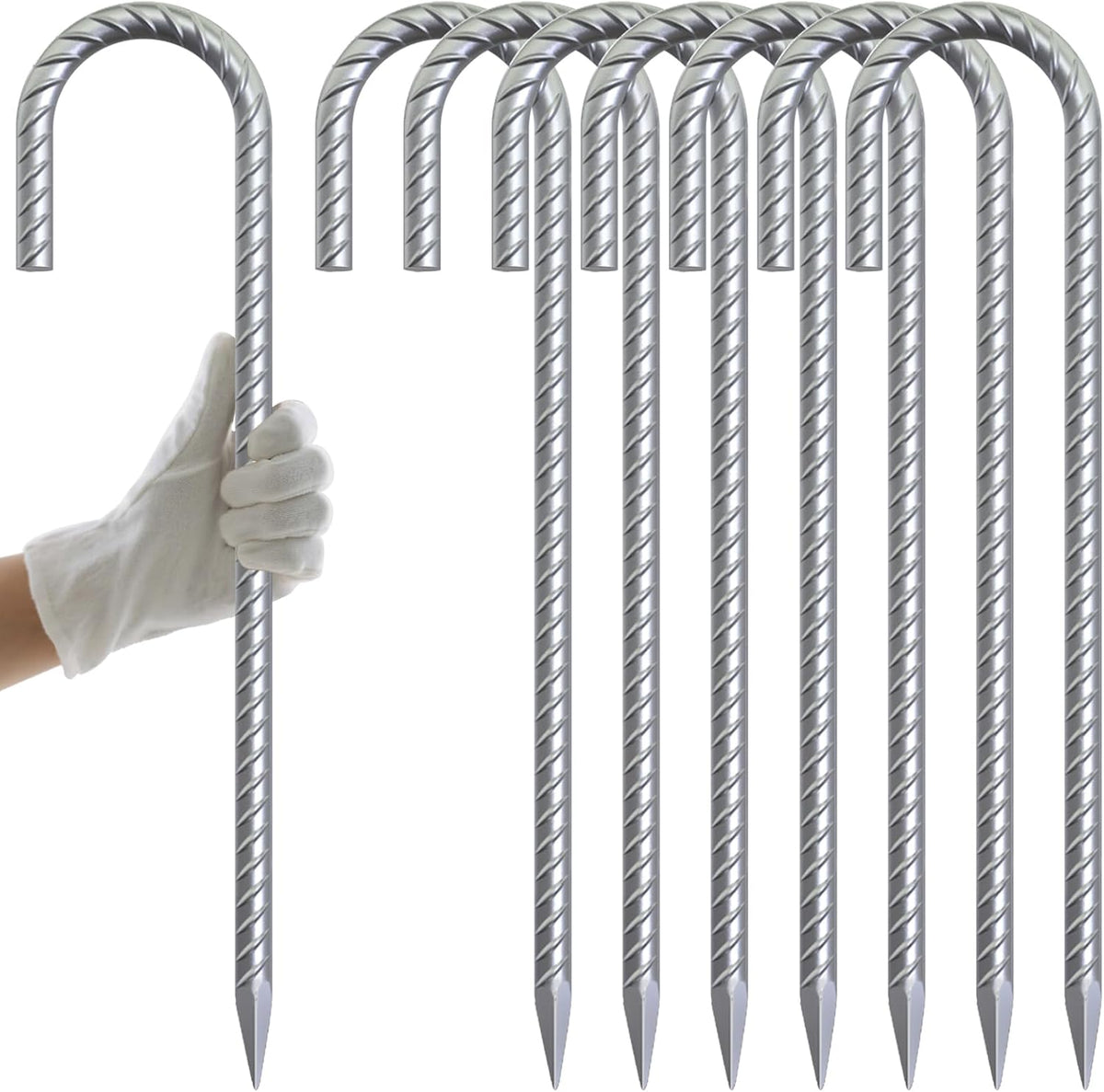 AAGUT 16 Inch Rebar Tent Stakes Heavy Duty 3/8" J Hook Ground Anchors Galvanized Steel Metal Garden Stake Yard Landscape Spikes 8 Pack for Chain Link Fence, Canopy