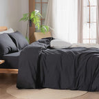 BESTOUCH Duvet Cover Set 100% Washed Cotton Linen Feel Super Soft Comfortable Chic Lightweight 3 PCs Home Bedding Set Solid Deep Black Oversized Full