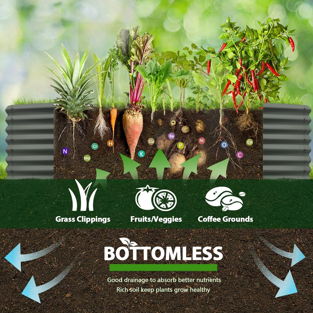 A ANLEOLIFE 4-Pack 6X3X2ft & 8X4X2ft Deep Root Galvanized Raised Garden Beds Outdoor for Planting Vegetables Flowers Herb, Quartz Grey