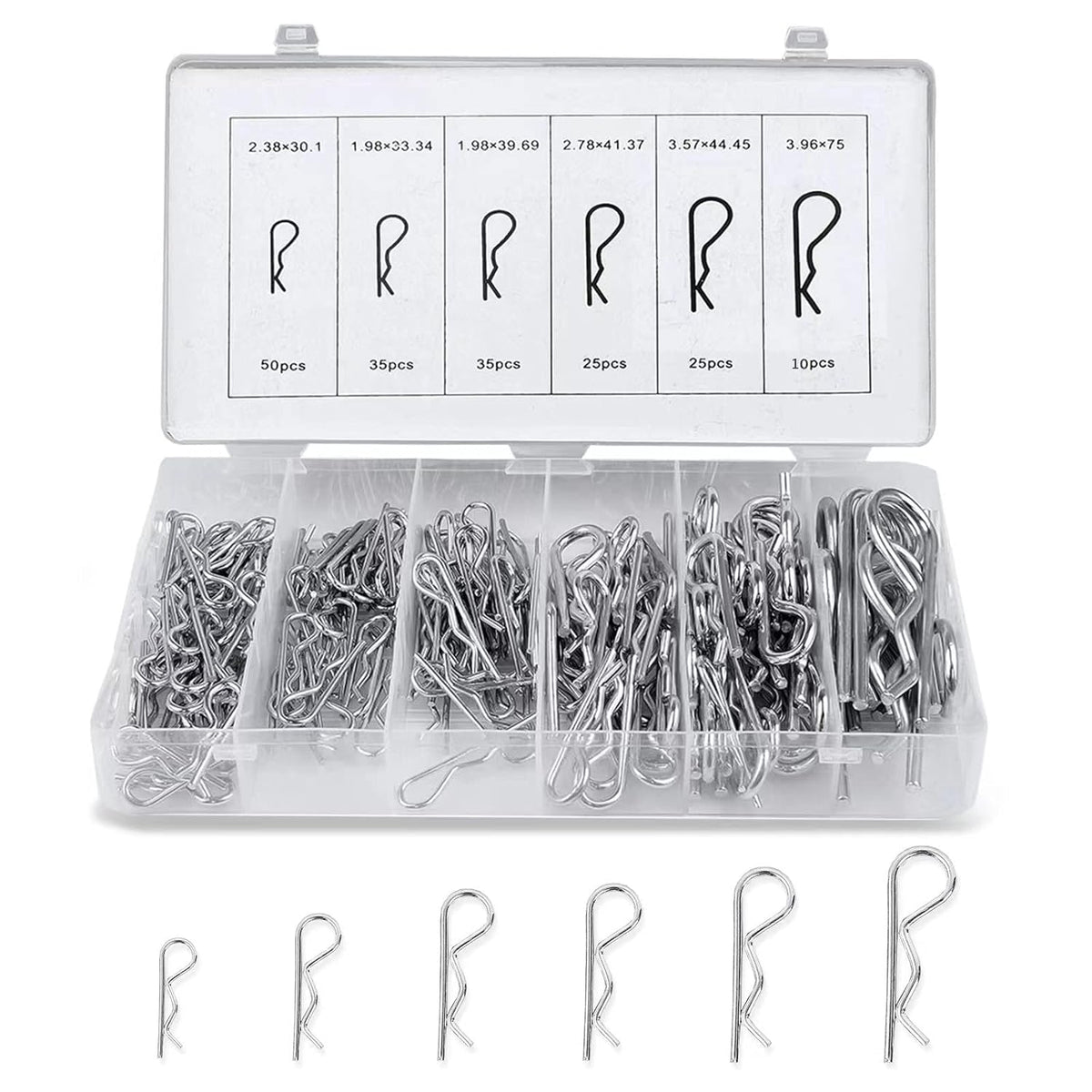 Boatsea Cotter Pin Assortment Kit, 180PCS 6 Sizes Hair Pin R Clips Assortment Kit, Zinc Plated Spring Steel Hairpin R Clips, Retaining Hair Pin for use on Hitch Pin Lock System