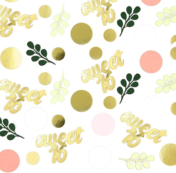 300PC Pink and Sage Green Sweet 16 Party Decorations for Girls 16th Birthday Confetti Sweet 16 Table Decorations Dots Eucalyptus Scatters for Sixteen Birthday Party Decor Supplies