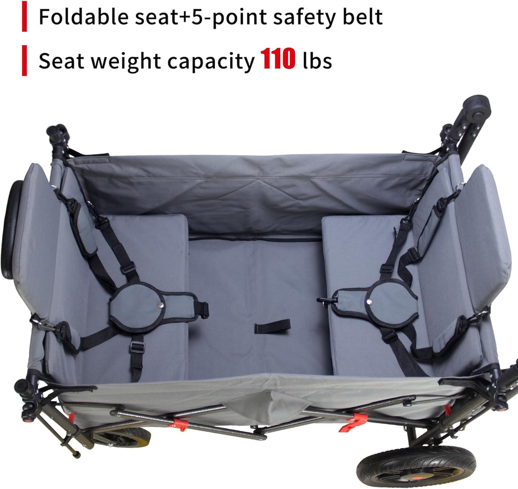 TMZ Collapsible Foldable Wagon Cart with Quick-Release Wheels and 2 Seats, Heavy Duty Wagon 265LBS Load Capacity for Camping Garden Shopping (Grey)