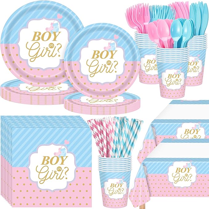 452 Pcs Gender Reveal Party Decorations Include Boy or Girl Paper Plates Napkins Cups Tablecloth Cutlery Straws Blue and Pink Gender Reveal Party Tableware for Baby Shower Decorations