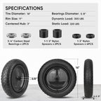 TICONN 4.80/4.00-8 Tire, 16" Flat Free Wheelbarrow Tire and Wheel, Solid Replacement Tires with 3" Centered Hub, 5/8" 3/4" Bearings, Universal Fit 4.80/4.00-8, 3.50/3.00-8, 4.00-6 (Black)