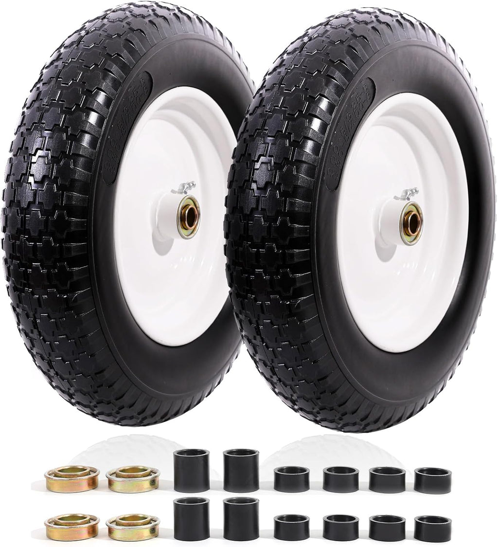 MZREXN 14.5" Wheelbarrow Tire Flat-Free 3.00/3.25/3.50/4.00-8" Solid Tire and Wheel with 3"-7" Centered Hub, 3/4" & 5/8" Bearings Replacement for Hand Truck/Dolly/Utility Cart/Garden Cart 2PCS White