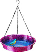 Hanging Bird Bath for Outside, 11.5” Metallic Purple & Blue Metal Birdbath Bowl & Feeder with Black Chain Outdoor Garden Yard Decor