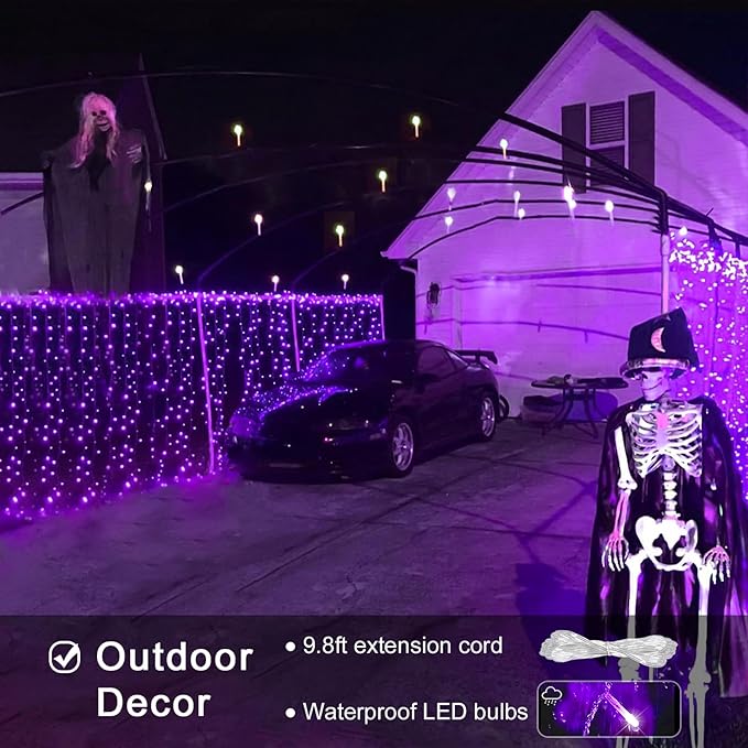 JMEXSUSS 300LED Purple Halloween Lights with Remote, Curtain Hanging Light Plug in, 8 Modes Purple String Lights for Bedroom Window Wall Party Backdrop Christmas Halloween Decorations