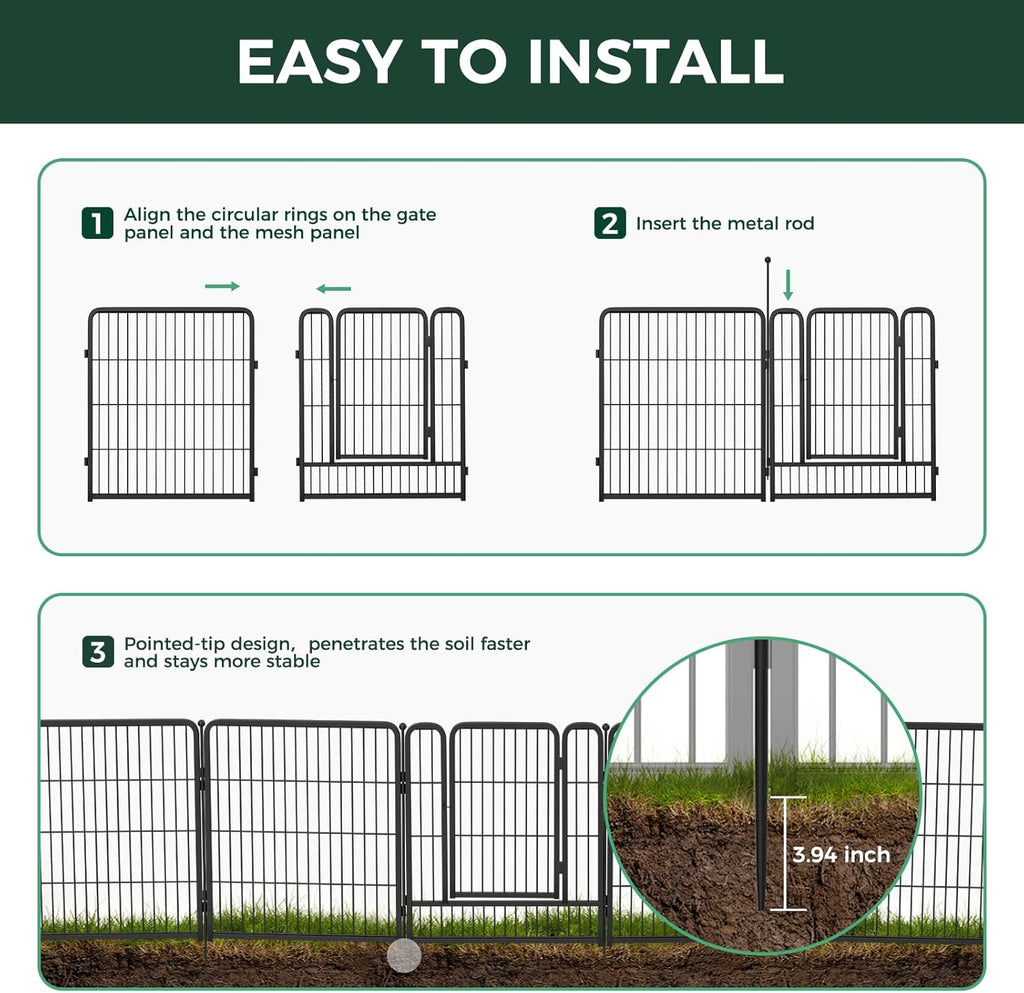 FXW Garden Fence Outdoor for The Yard – 40in(H) x 9.1ft(L) Heavy Duty Metal Animal Barrier for Dog and Rabbit, Decorative Dog Fence, 4 Panels, Black