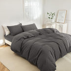 JIYUAN 100% Washed Cotton Duvet Cover Set 3 Pieces Queen, 1 Duvet Cover 90x90 Inches(Comforter Not Included) and 2 Pillowcases,Linen Feel Bedding Set Comfy and Breathable,Solid Dark Grey