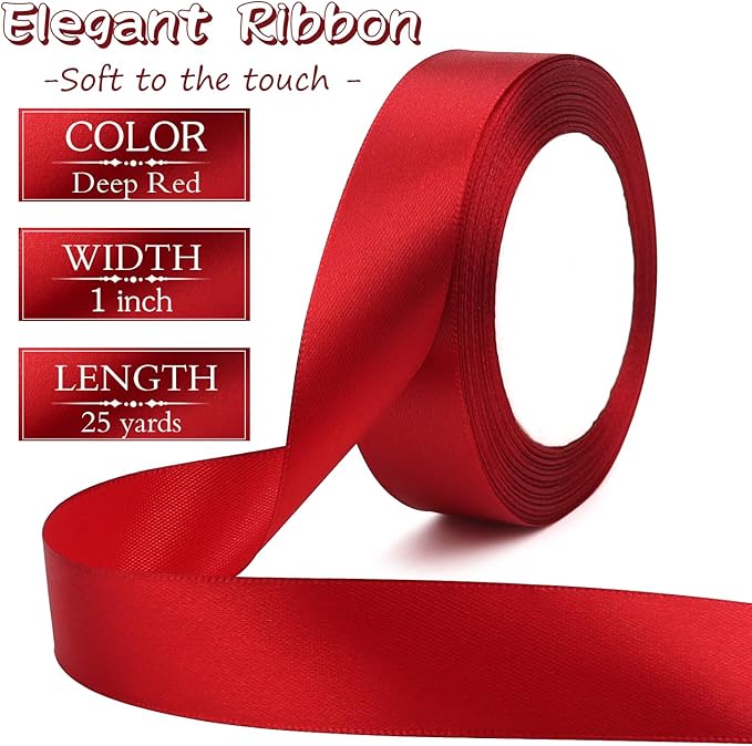 Deep red Solid Satin Ribbon 1 Inch 25 Yards Solid Polyester Fabric Ribbon for Gift Wrapping Wedding Christmas Baby Shower Birthday Party Decoration Handmade Immortal Flower Craft