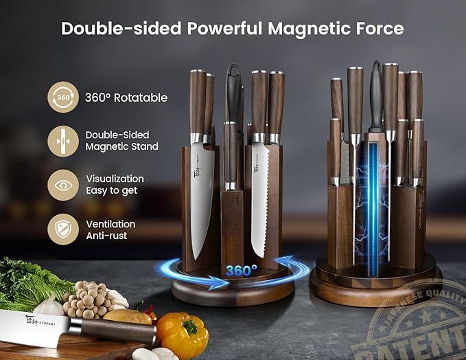 Kitchen Knife Set with Magnetic Block and Sharpener 14 Piece Knife Set 360° Rotatable Holder Ultra Sharp High Carbon Stainless Steel Knives Sets with Steak Knives, Anti-slip Ergonomical Handle