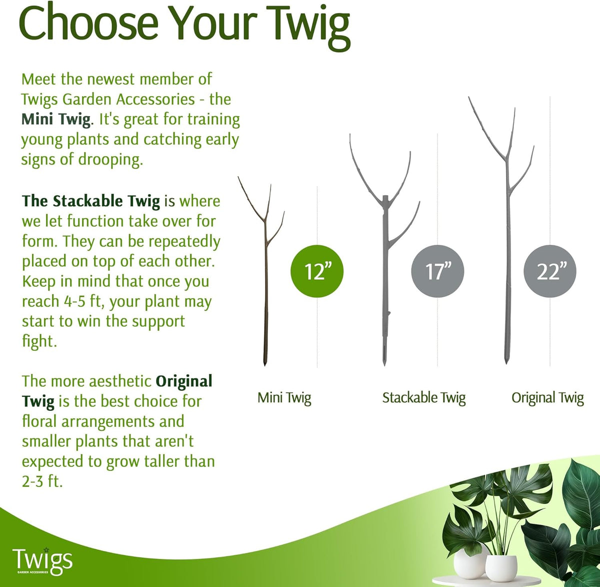 Twigs - Plant Support Stakes for Indoor, Outdoor & Climbing Plants, Gardening Supplies, Garden Accessories, Trellis & Ring Alternative, Made in USA - Moonstone, 10 Pack, 12" L, Mini Twigs
