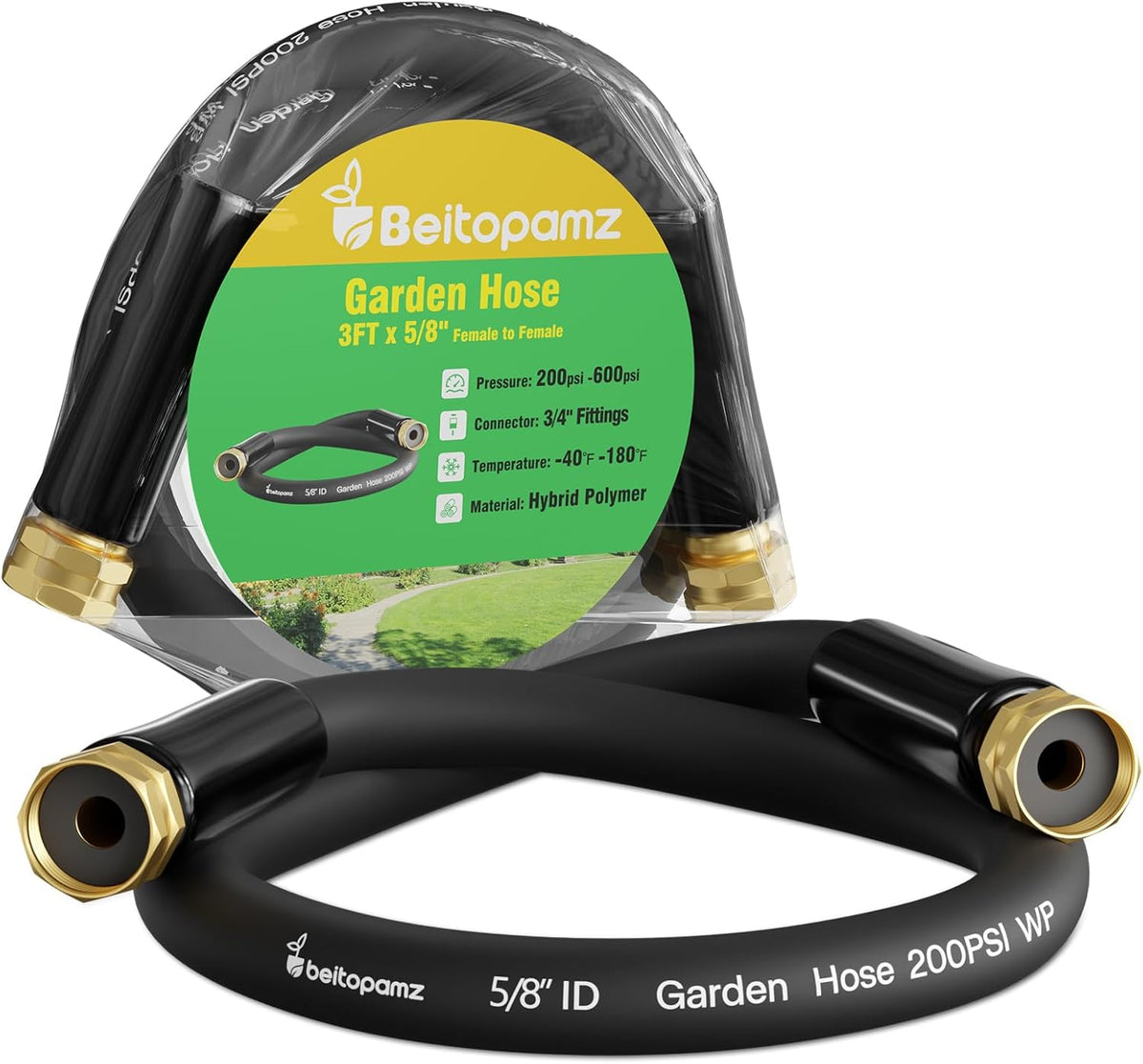 Short Garden Hose 3 ft x 5/8" Female to Female, Heavy Duty Small Water Hose Extend Connector, Leak-Free Connections Hybrid Rubber Leader Hose with 3/4" Double GHT Fittings, Black