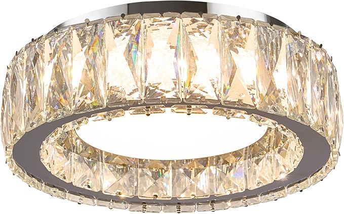 Dimmable Crystal Modern LED Flush Mount Ceiling Light,Chrome 11 Inch Small Chandelier 24W 5CCT 3000K-6000K Hallway Close to Ceiling Light Fixtures for Kitchen,Entryway,Laundry Room,Bedroom