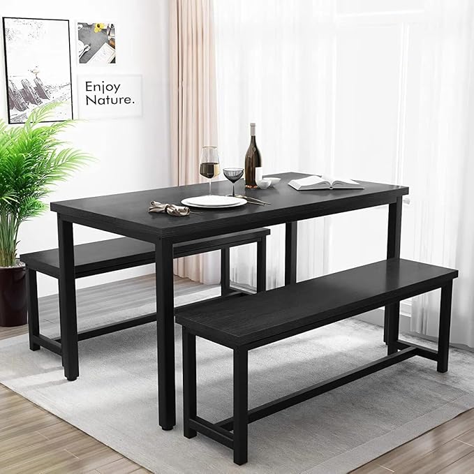 Recaceik Dining Table Set for 4 Kitchen Dining Room Set with 2 Dinner Benches, Farmhouse Breakfast Table for Apartment Small Space, Easy Assembly
