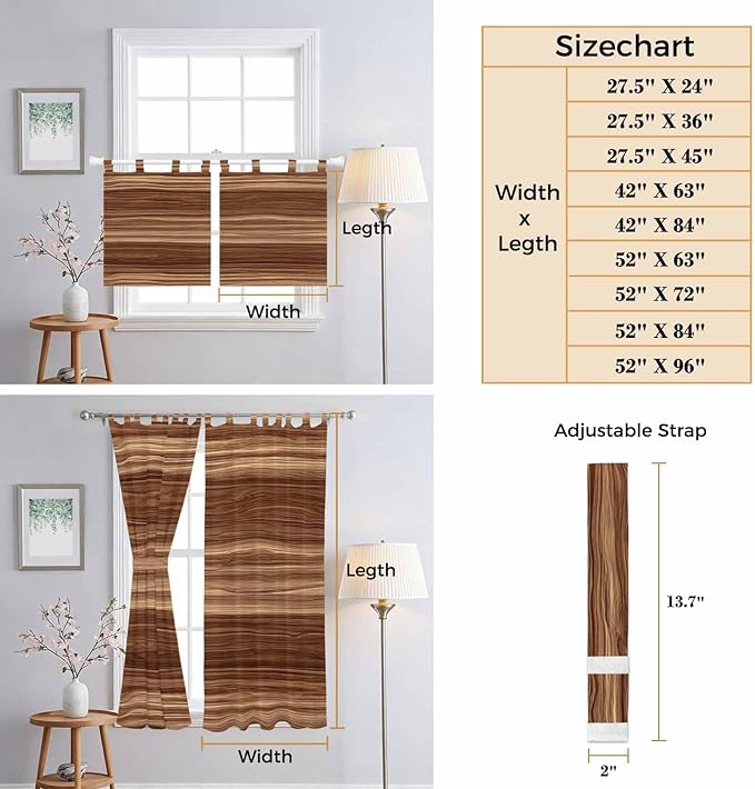 Brown Western Living Room Curtains 96 Inch Length, Window Curtains Tab Top, Vintage Farmhouse Wood Barn Door Light Filtering Window Treatments Drapes 52"x96" 2 Panel