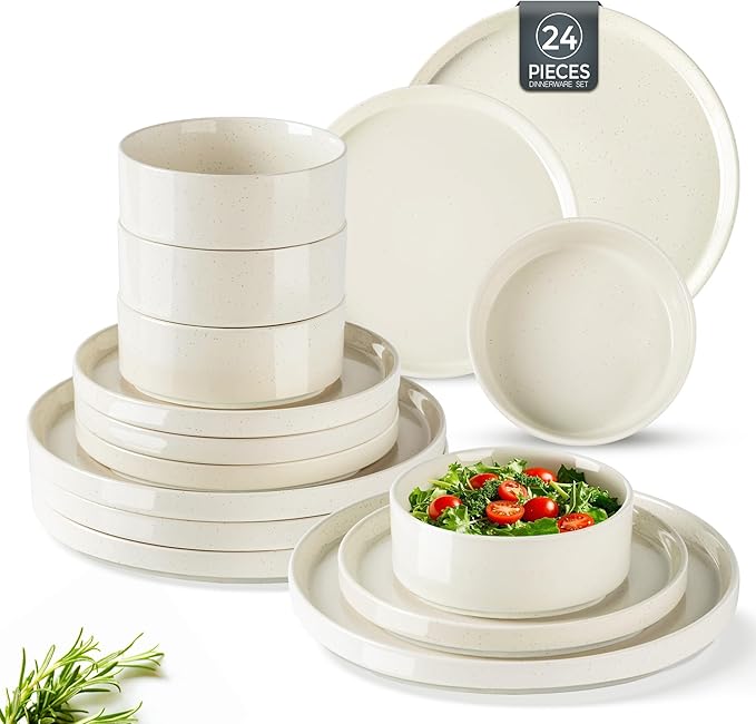 GBHOME Dinnerware Set for 8, 24 Piece Speckled Plates and Bowls Set with Glazed Bottom, Chip and Scratch Resistant Stoneware Plates Sets, Dishwasher & Microwave Safe Dishes, Light Beige