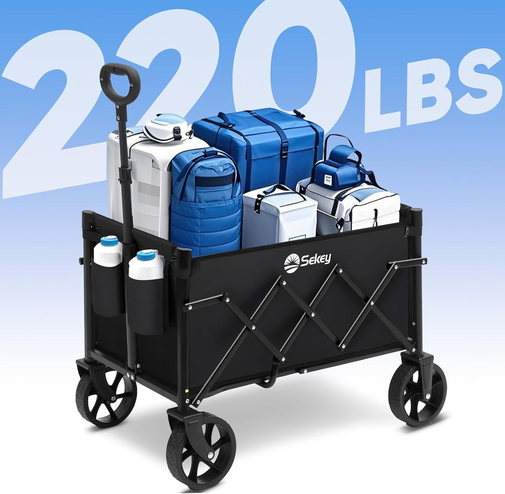 Sekey Heavy Duty Wagon with Big Wheels, Foldable Cart with 220LBS Capacity, Utility Lightweight Wagon, Collapsible Grocery Shopping Cart for Camping Sports & Holiday. Black