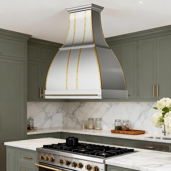 CHETTO C Stainless Steel Range Hood Cover with Quiet Vent Hood Insert Custom Handcrafted Metal Kitchen Fan with Towel Rack LED Light 42"W x27"D x51"H Brushed Stainless Steel Island Mount