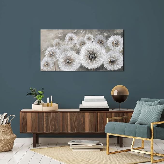 Pogusmavi Wall Art for Living Room & Bedroom - Large Canvas Wall Decor, 24x48, Gray Dandelion Artwork