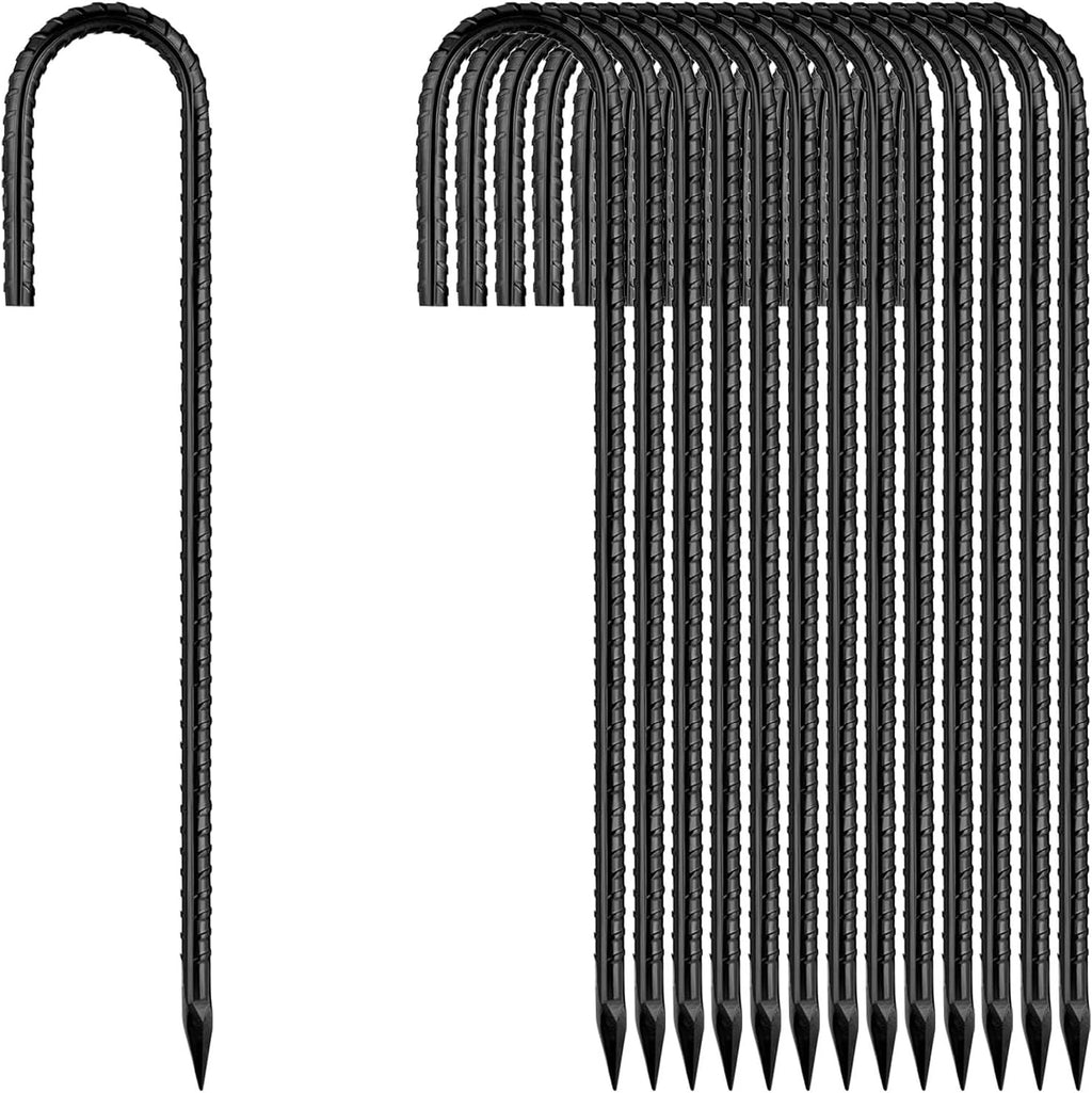 Rebar-Stakes-12-Inch, Ground Stakes Heavy Duty J-Hook Black Coated Anti-Rust Heavy Duty Ground Anchors for Garden Dog Fence Chicken Coop Christmas Decorations Deer Fence 20pcs