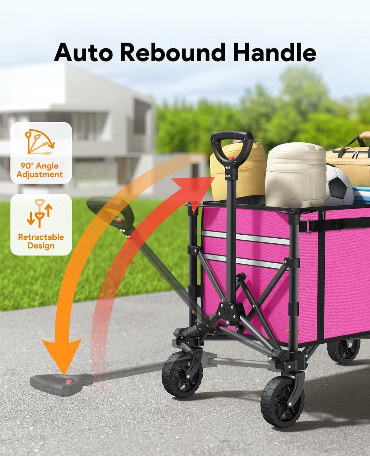 3 in 1 Collapsible Wagon Converts to Bench, 220lbs Foldable Wagon Cart with Wheels, 120L Shopping Cart for Groceries Folding Utility Wagon for Beach, Garden, Camping, Sport, Wheelbarrows, Pink