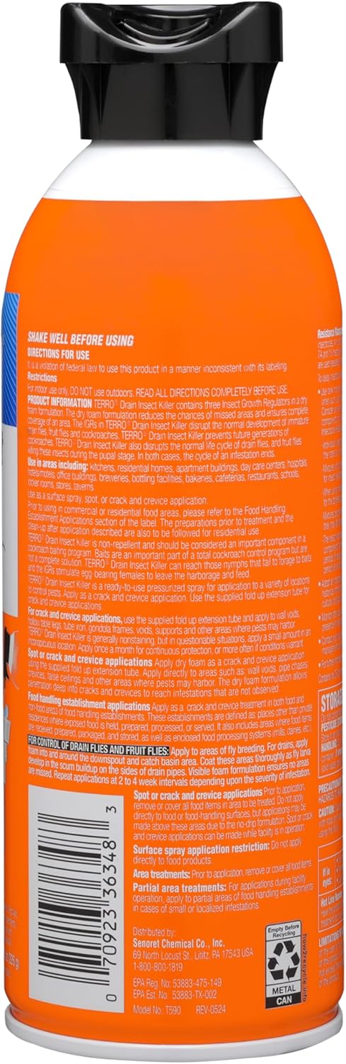 TERRO Drain Insect Killer - T590 Drain Fly Killer Spray - Foam Treatment for Fruit Flies, House Flies, and Cockroaches