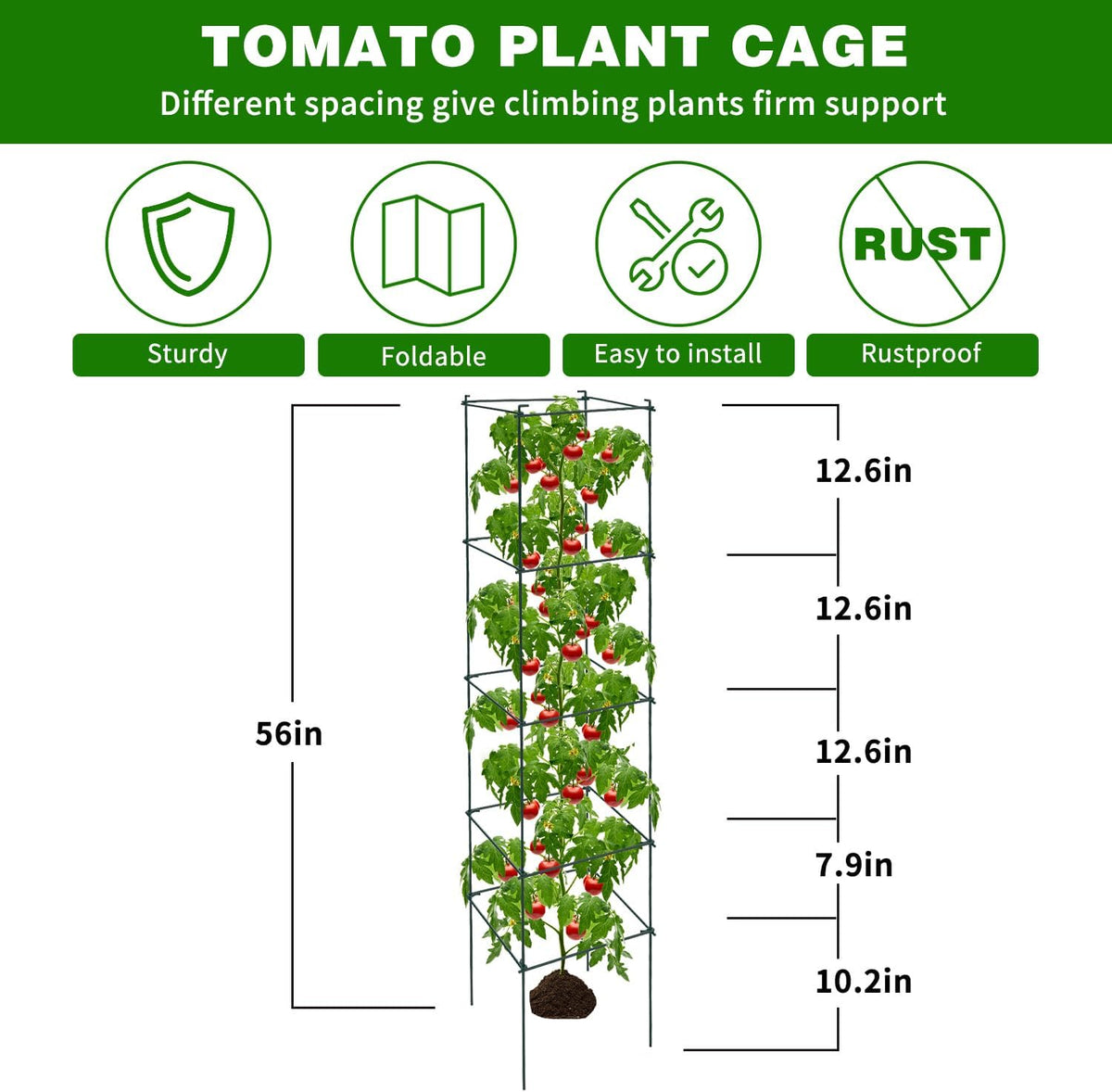 6 Packs Tomato Cages for Garden, 12"×12"×56" Plant Support Cage with Different Spacing, Green Metal Trellis for Climbing Plants Like Cucumber, Flowers