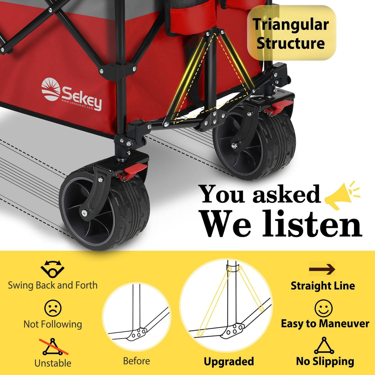 Sekey 48''L Collapsible Foldable Extended Wagon with 440lbs Weight Capacity, Heavy Duty 300L Folding Utility Garden Cart with Big All-Terrain Beach Wheels & Drink Holders. Red&Grey