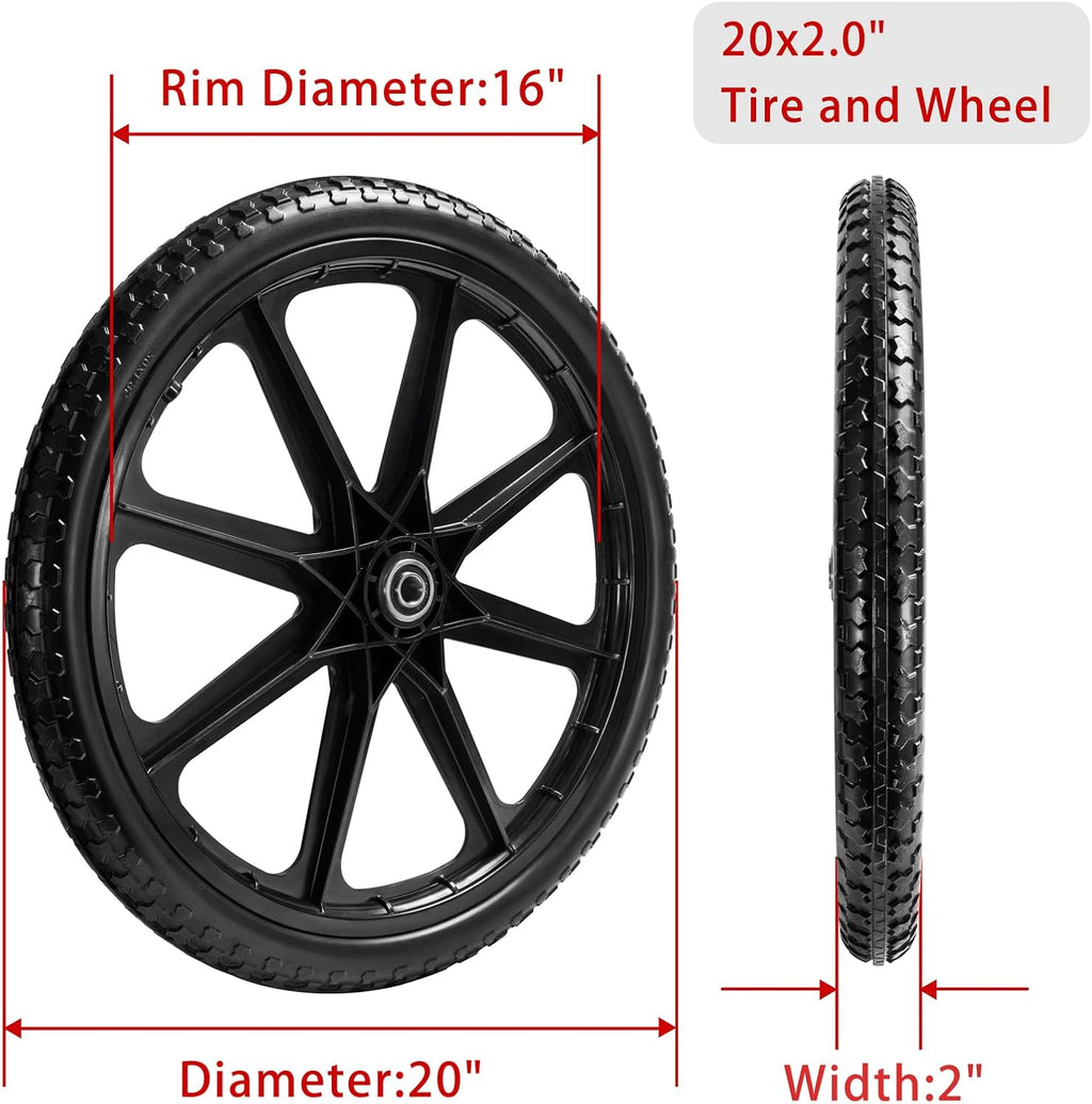 Parts Camp 20" Flat Free Tire Cart Wheels Replacement Rubbermaid Wheelbarrow Wheels Garden Cart Replacement Wheel With 5/8" 3/4" Bearing For Utility Carts/Lawn Cart/Wheelbarrow 2PACK