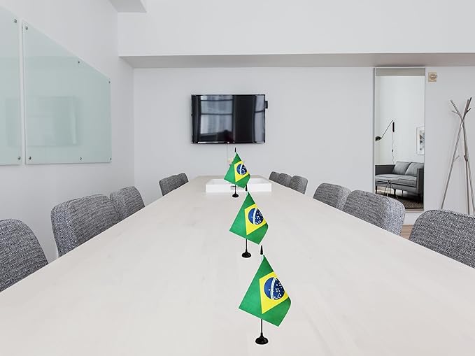 Brazil Desk Flag, 12 Pack Brazilian Table Office Flag with Black Solid Pole and Stand Base, International Country Flag, Festival Celebration, Classroom Meeting Desktop Decor (Brazil)