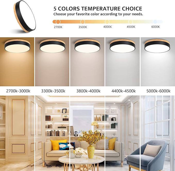 Dimmable Modern Wood Ceiling Light, Black LED 5CCT 2700K-6000K Flush Mount Ceiling Lighting Fixture, Round Light Fixtures for Kitchen Entryway Hallway Bedroom Laundry Room-11.8in