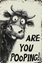 Funny Highland Cow "Are You Pooping!" Tin Sign - 8x12 Inch Vintage Metal Wall Décor, Humorous Bathroom & Farmhouse Rustic Wall Art for Indoor & Outdoor