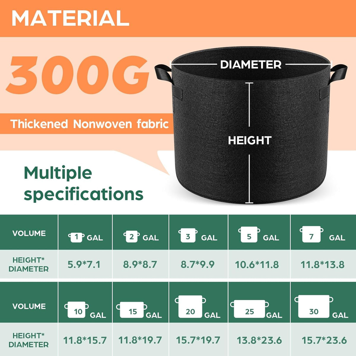 5 Pack 10 Gallon Grow Bags, Thickened Nonwoven Fabric Planter Pots with Handles, Heavy Duty 300G Garden Pots for Tomato, Potato and Vegetable
