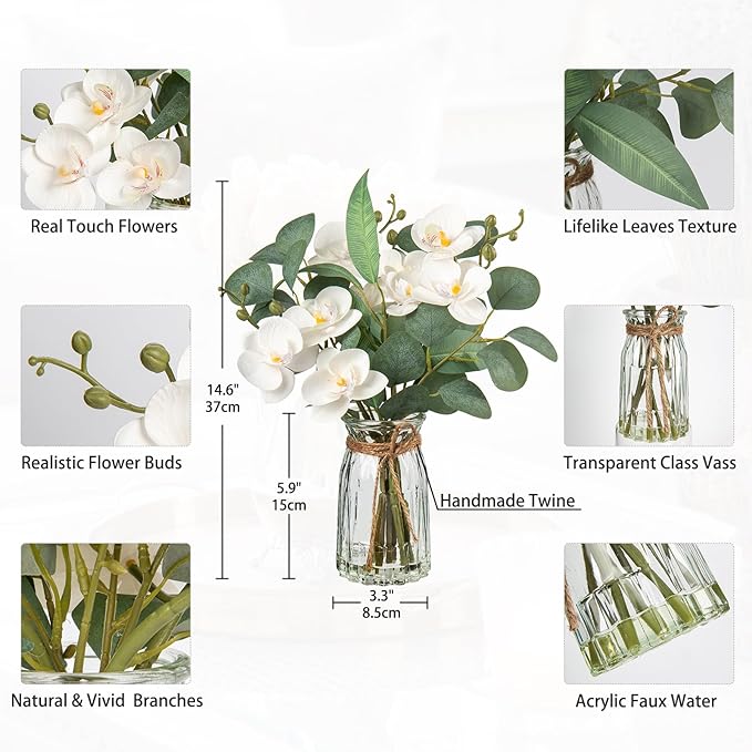 White Orchids Artificial Flowers with Vase Fake Flowers in Vase Artificial Eucalyptus Stems in Glass Vases with Faux Water Faux Orchid with Eucalyptus Leaves Arrangement for Dining Table Centerpiece