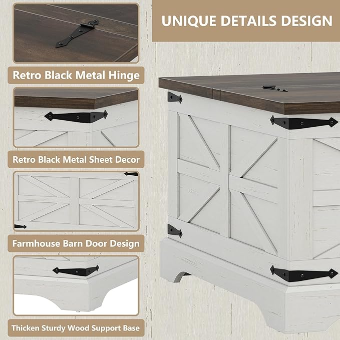 Furnideco Farmhouse Lift Top Coffee Table, Square Wood Center Table with Large Hidden Storage Compartment for Living Room, Rustic Cocktail White Modern Table with Hinged Lift Top, Brown Top
