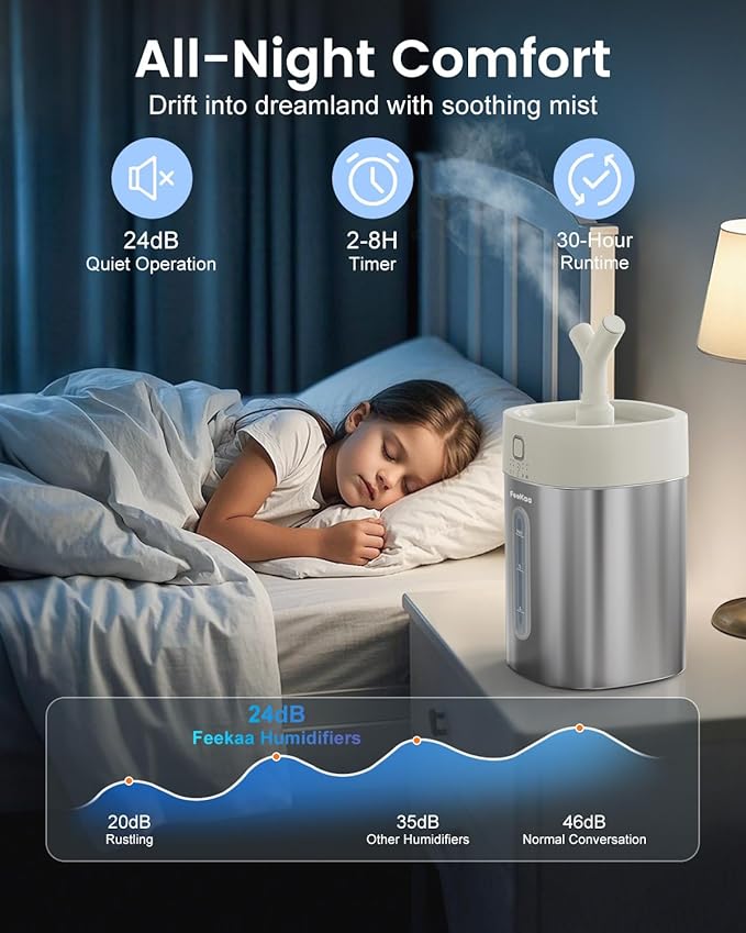 Feekaa Stainless Steel Humidifier, 4L/1Gal Cool Mist Humidifiers for Bedroom up to 500 sq ft, Easy Clean Dishwasher Safe Humidifier Large Room, Humidifiers for Bedroom Nursery Baby Living Room Office