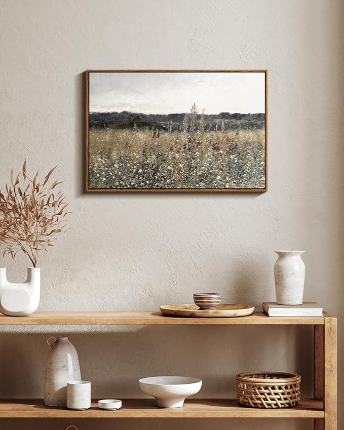 InSimSea Framed Canvas Wall Art Vintage Decor, Large Wall Art, Meadow with Flowers Landscape Wall Art Prints, Modern Farmhouse Cottagecore Bedroom Bathroom Office Decoration, 20"x30"