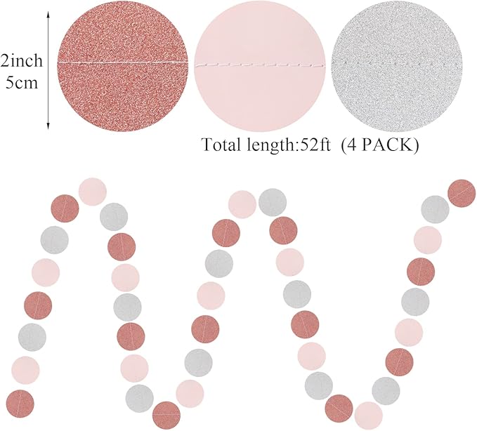 Rose-Gold Pink Silver Party Decorations - 52Ft Paper Streamer Women Girls Happy Birthday Decoration Baby Bridal Shower Garland Bachelorette Banner Engagement Brunch Mothers Day Decor