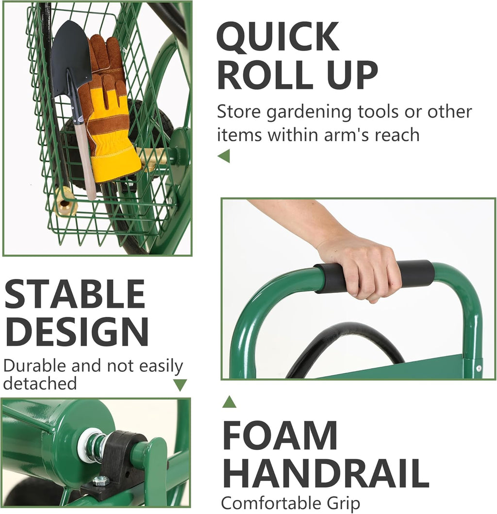 Hose Reel Hold Up To 300 Ft Heavy Duty Garden Hose Reel Sturdy Water Hose Reel Cart with 4 Wheels Storage Basket for Garden Lawn Yard Outdoor (Green)