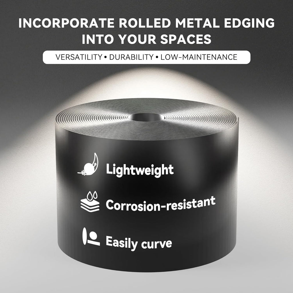 Worth Galvanized Steel Landscape Edging 10" x25' Metal Garden Edging Roll Flexible Bender Border with 8Pcs Stakes for Lawn, Flower Bed Edges, Black