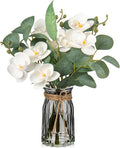 White Orchids Artificial Flowers with Vase Fake Flower in Vase Artificial Eucalyptus Stems in Glass Vases with Faux Water Faux Orchid with Eucalyptus Leaves Arrangement for Dining Table Centerpiece