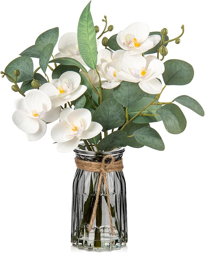 White Orchids Artificial Flowers with Vase Fake Flower in Vase Artificial Eucalyptus Stems in Glass Vases with Faux Water Faux Orchid with Eucalyptus Leaves Arrangement for Dining Table Centerpiece