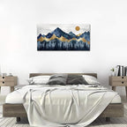 Abstract Nordic Canvas Wall Art - Indigo Blue and Brown Mountain Forest Picture Wall Decor Sun Birds Canvas Painting Nature Landscape Prints Artwork for Living Room Bedroom Decoration 29" x 58"